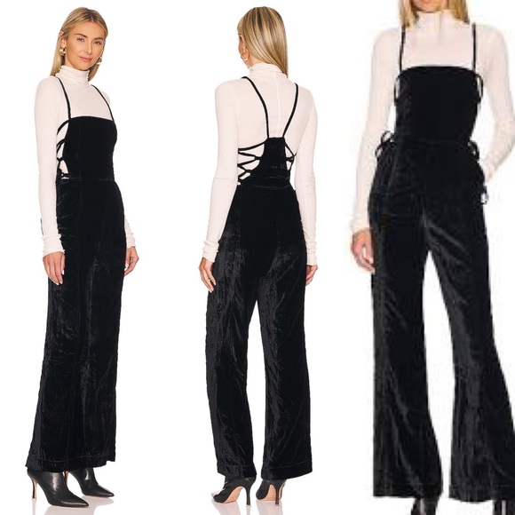 Free People 90’s Forever Velvet Overalls in Black Size XS - Picture 1 of 10
